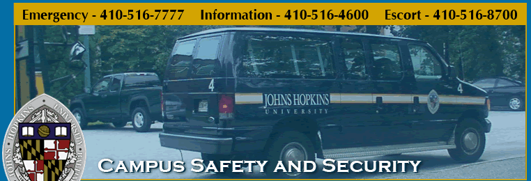 Picture of a Johns Hopkins escort van. The title Campus Safety and Security overlaps the picture.